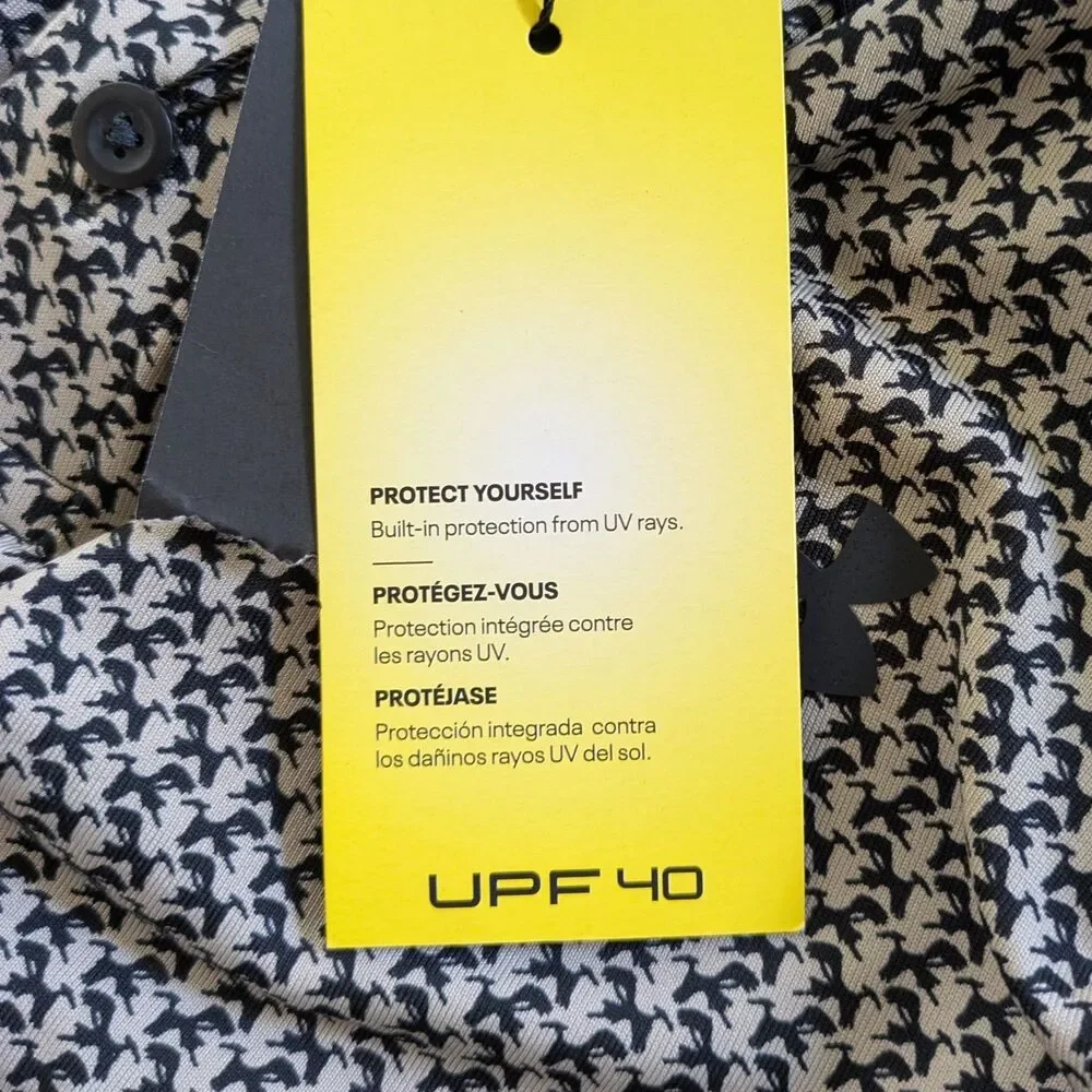 Under Armour Playoff Polo Shirt M Tan Black Micro Print UPF 40 Loose Fit READ - Picture 7 of 11